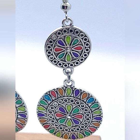 Boho Rainbow Double Mandala Round Dangle Drop Earrings Ethnic Tribal Jewelry - Picture 5 of 7